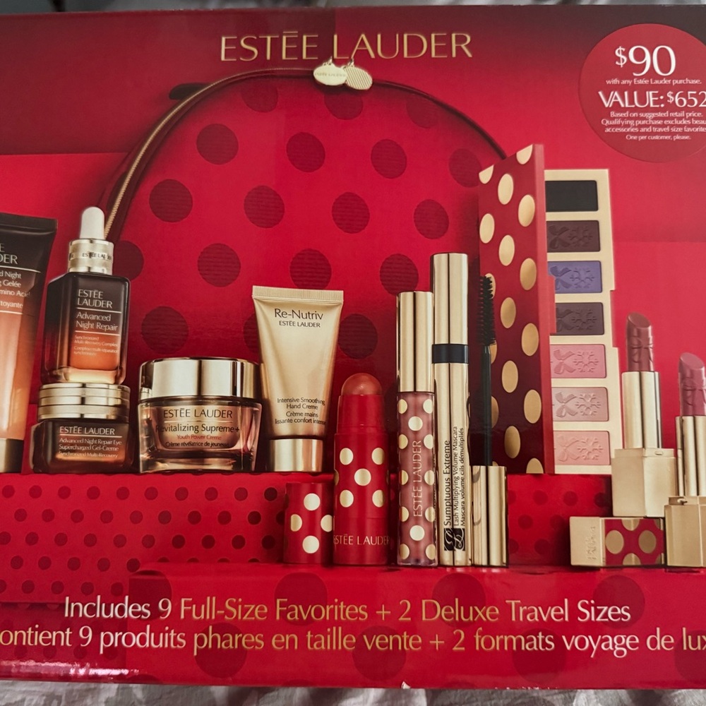 Estée Lauder makeup and polka dot train case